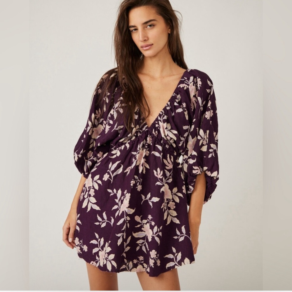 FREE PEOPLE Linen Blend Portia Printed Mini Dress Eggplant Floral XS